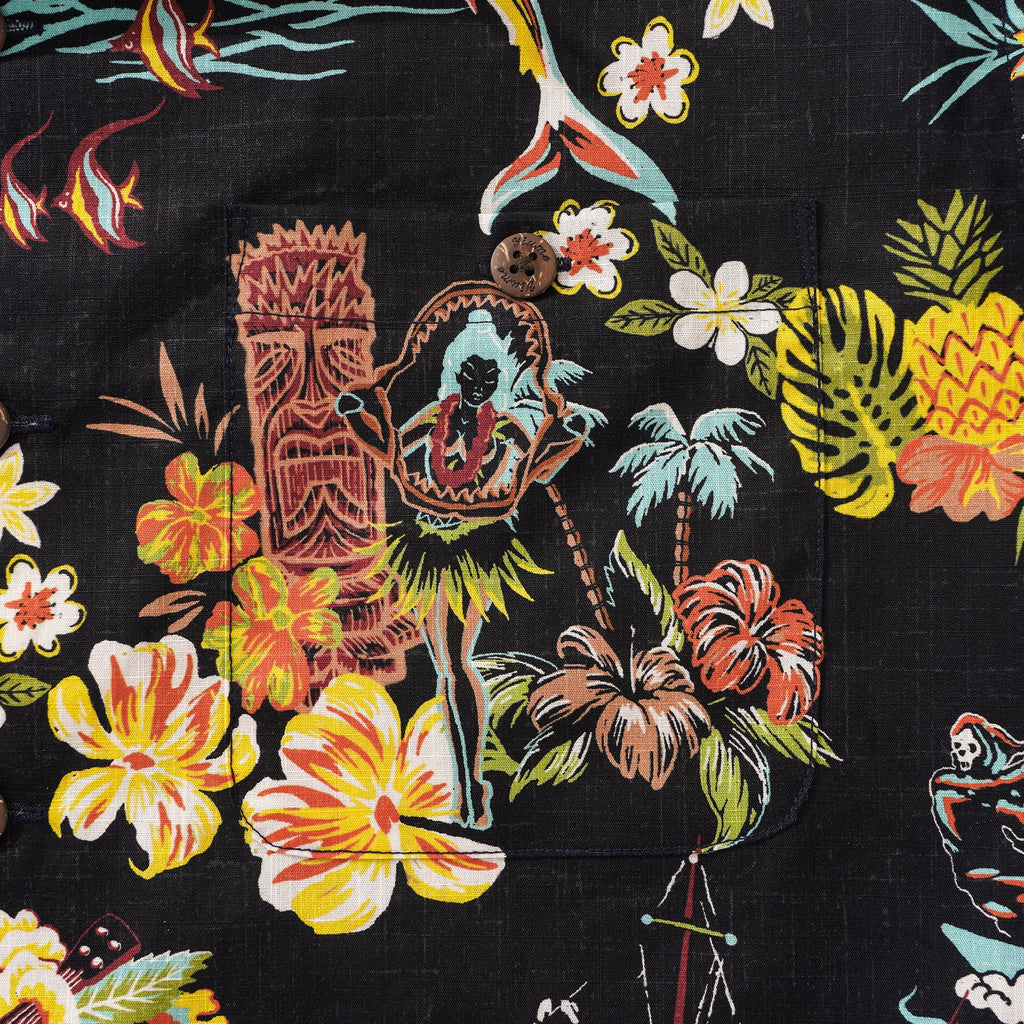 Tiki Men's Vintage Hawaiian Shirt Black Tiki Shirt Short Sleeve Camp Collar 100% Cotton Aloha Shirt Vintage Aloha