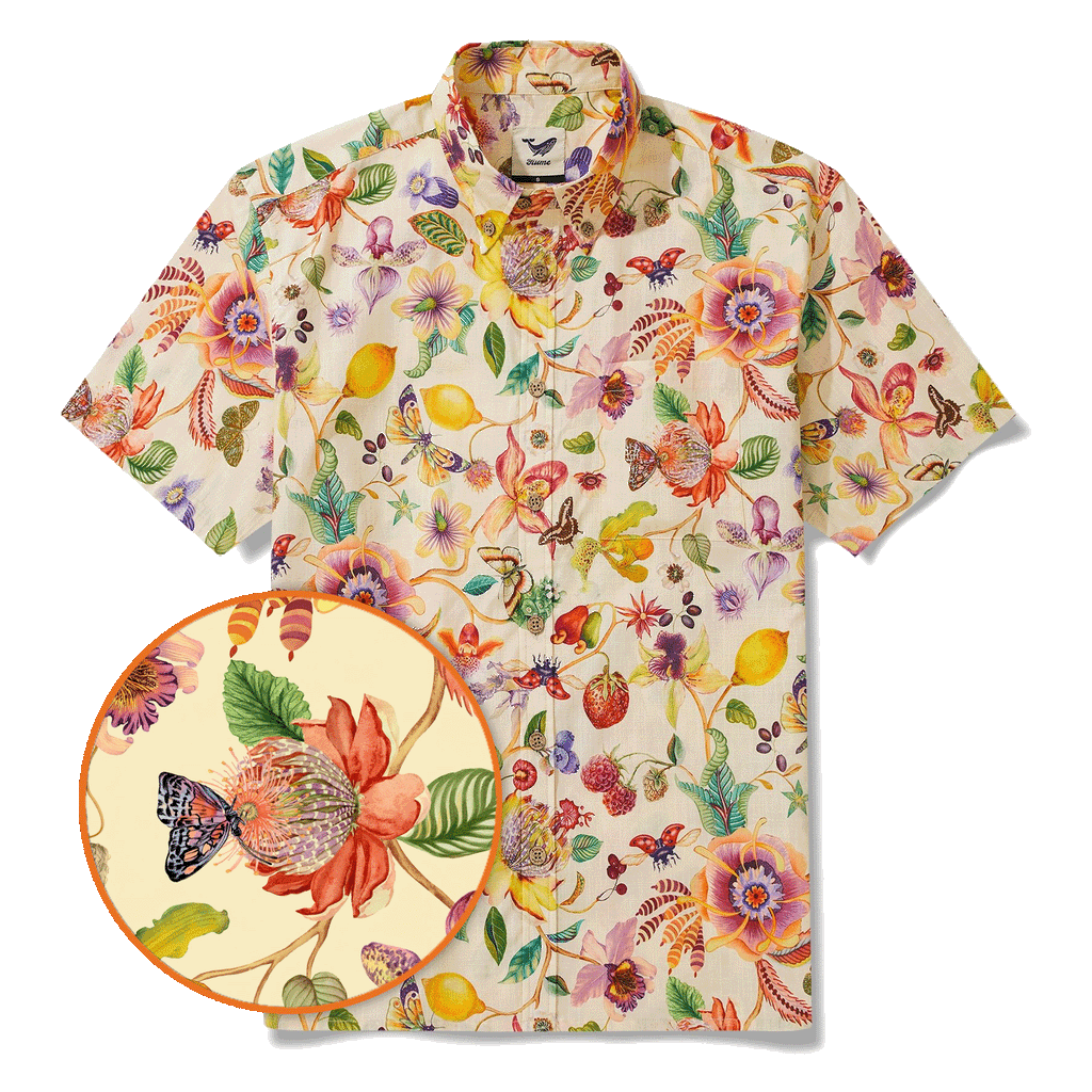 Men's Hawaiian Shirt Short Sleeve Button-down 100% Cotton Beige Aloha Dreams Of An Exotic Garden