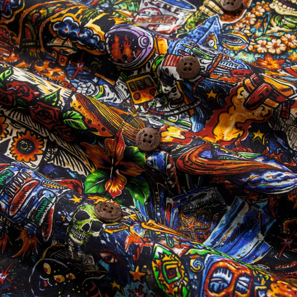 Men's Hawaiian Shirt Short Sleeve Camp Collar 100% Cotton Red Aloha Intergalactic Luau Graffiti