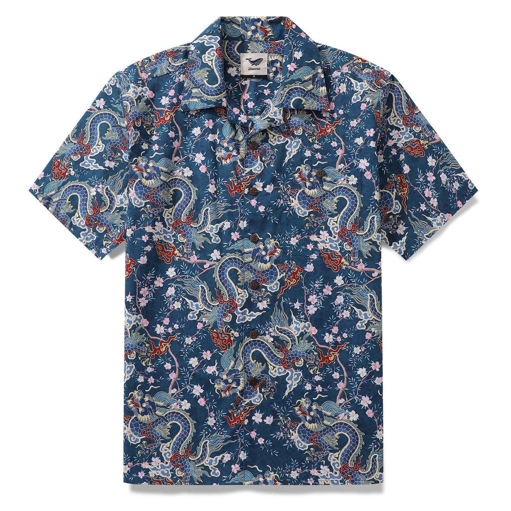 Hawaiian Shirt For Men Dragon Shirt Floral Rhythm Print Shirt Camp Collar 100% Cotton Dragon's Floral Rhythm