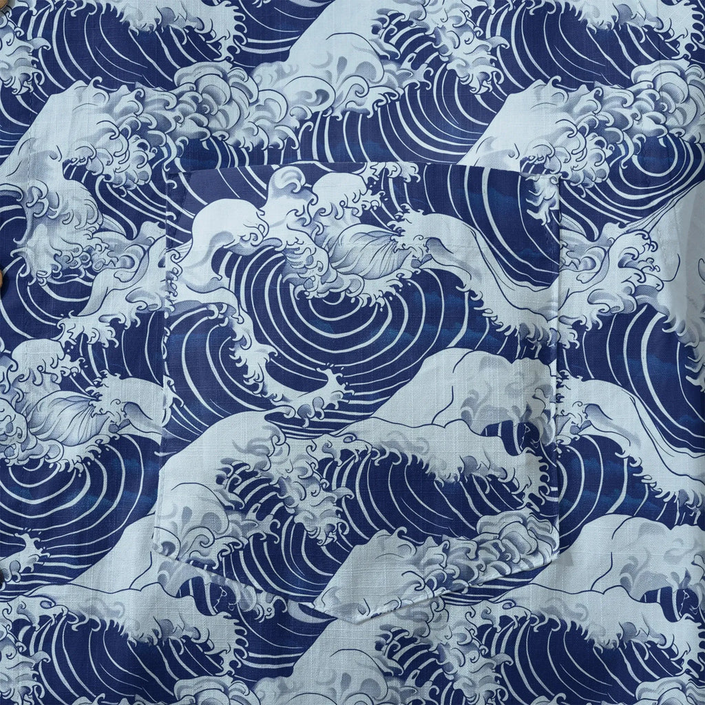 LeosWare® Men's Hawaiian Shirt Short Sleeve Button-up 100% Cotton Blue Aloha Blue Wave World