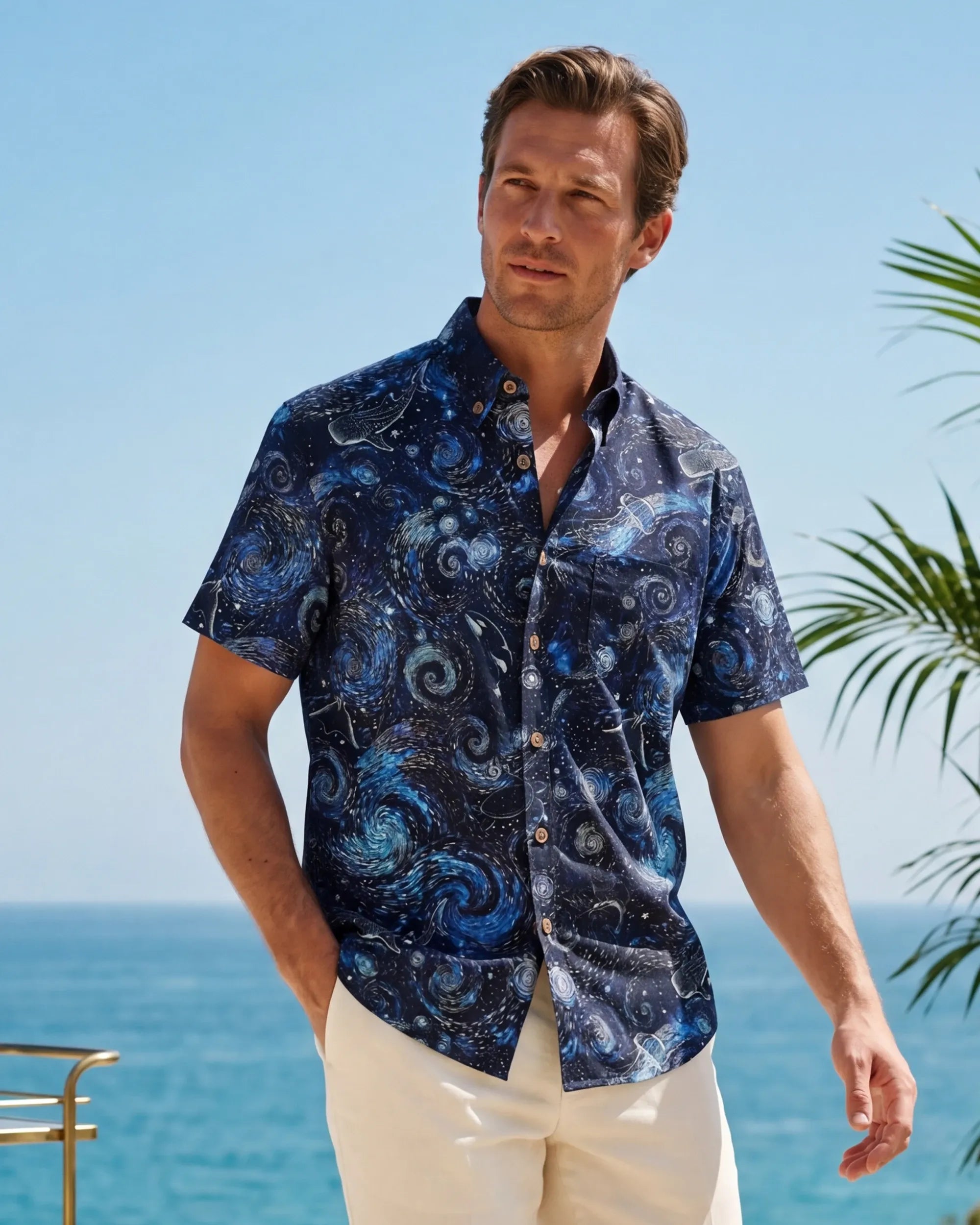 Men's Hawaiian Shirt Short Sleeve Button-down 100% Cotton Blue Aloha Dreams Of The Starry Sea Jellyfish Whale