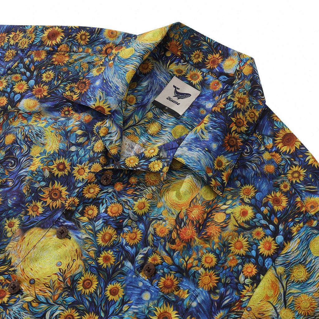 1960s Vintage Hawaiian Shirt For Men Van Gogh Sunflower Shirt 100% Cotton Camp Collar Shirt