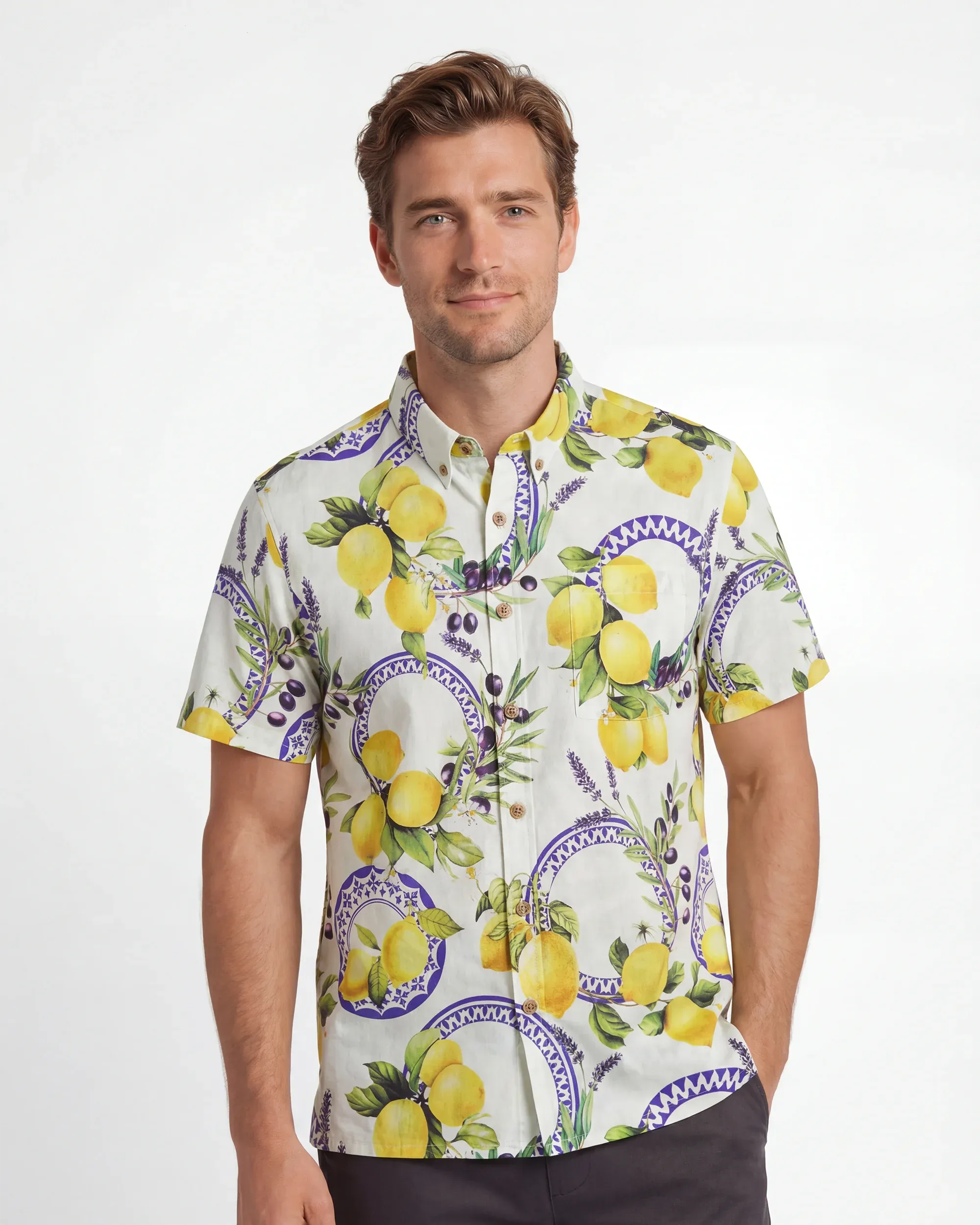 Men's Hawaiian Shirt Short Sleeve Button-down 100% Cotton Yellow Aloha Lemon, Olive, And Lavender Harmony Symphony