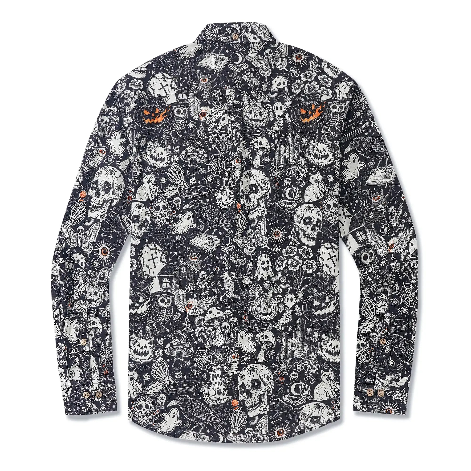 Halloween Gift Men's Hawaiian Shirt Long Sleeve Button-down 100% Cotton Black Aloha Halloween Bash