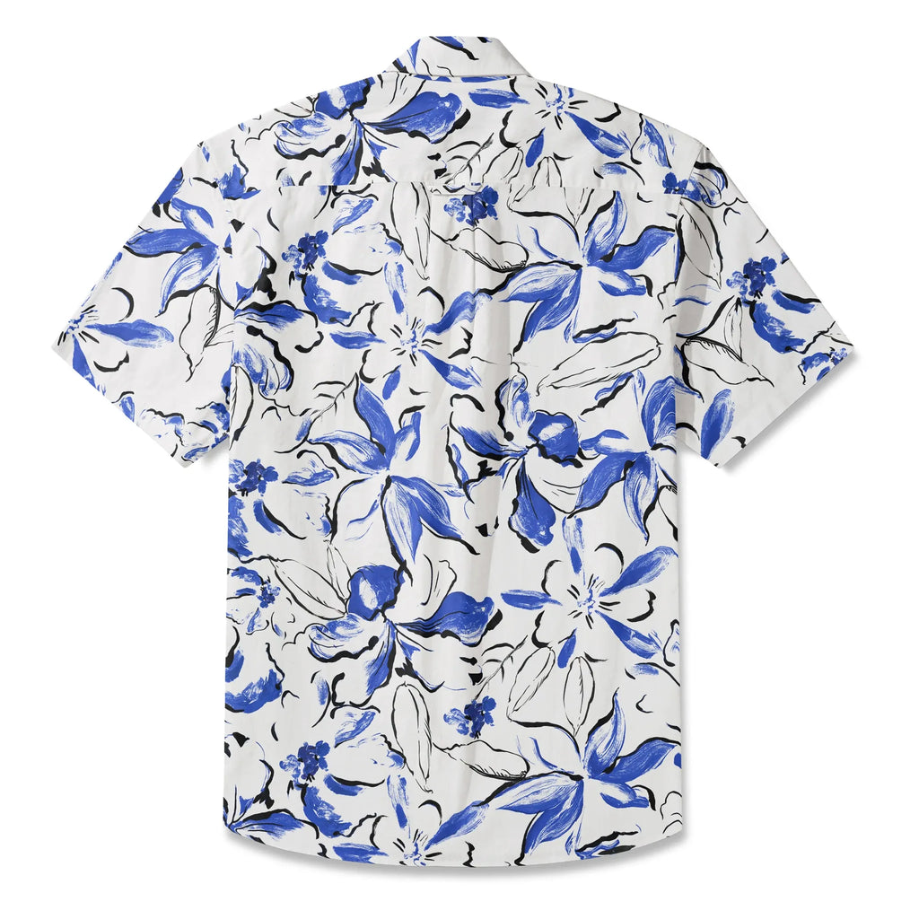LeosWare® Men's Hawaiian Shirt Short Sleeve Button-up 100% Cotton Blue Aloha Indigo Blossoms Brushstroke
