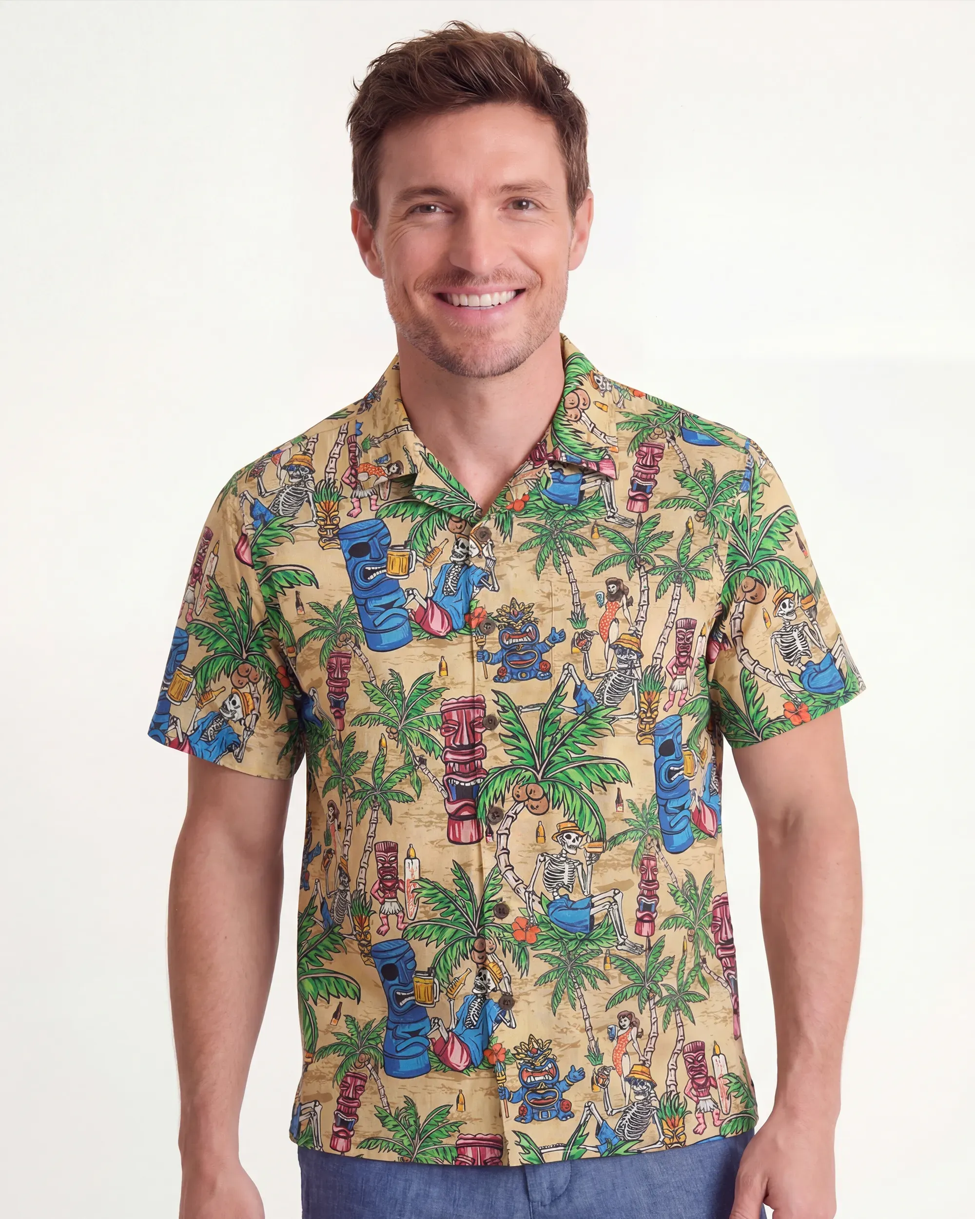 Men's Hawaiian Shirt Short Sleeve Camp Collar 100% Cotton Green Aloha Tiki Seaside Bash