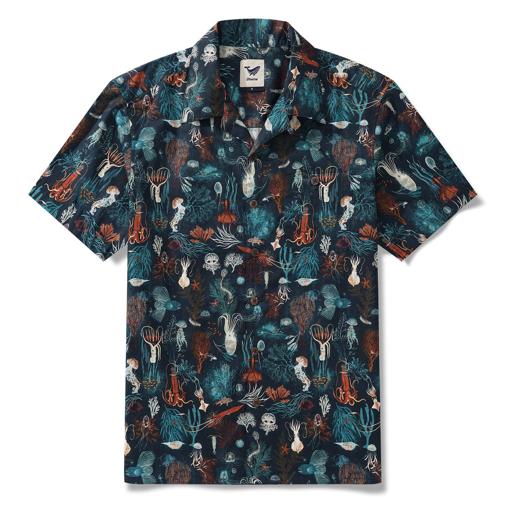 Men's Hawaiian Shirt Short Sleeve Camp Collar 100% Cotton Blue Aloha Underwater Love By Katherine Quinn