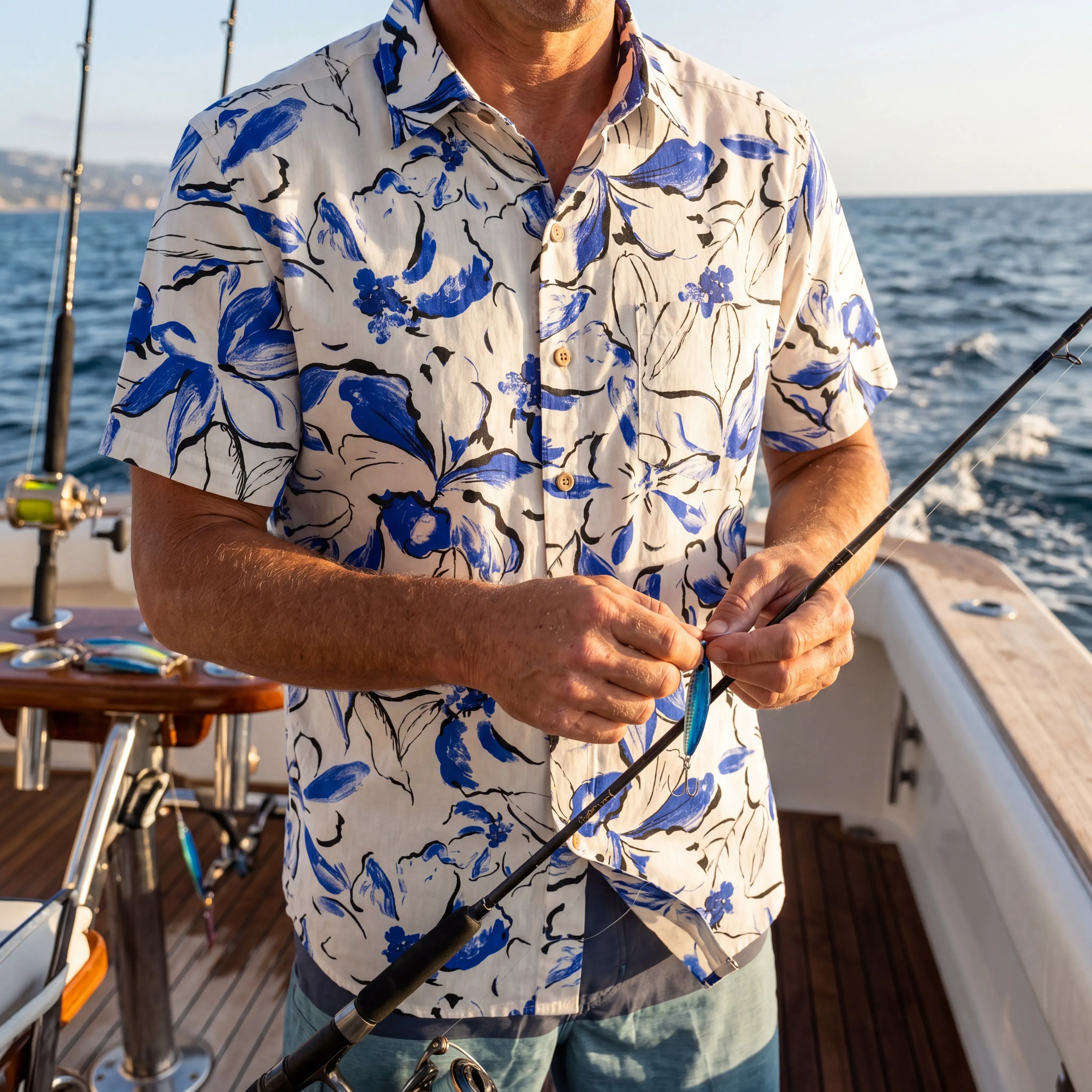 LeosWare® Men's Hawaiian Shirt Short Sleeve Button-up 100% Cotton Blue Aloha Indigo Blossoms Brushstroke