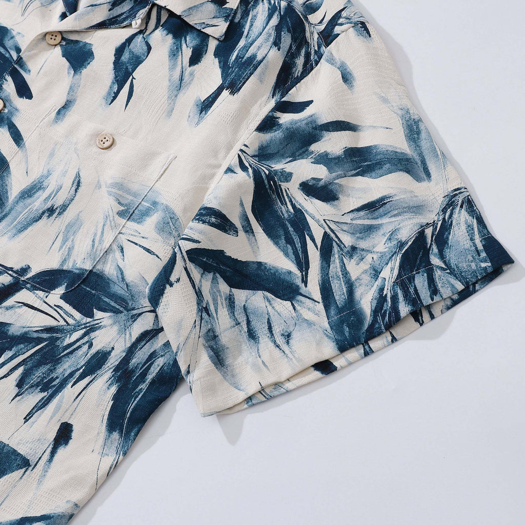Men's 100%Silk Hawaiian Shirt Painting Bamboo Leaves Print Camp collar Short Sleeve Aloha Shirt