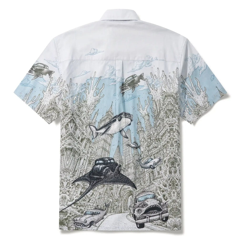 Men's Hawaiian Shirt Short Sleeve Button-down 100% Cotton Blue Aloha Atlantis Coral Cruisers