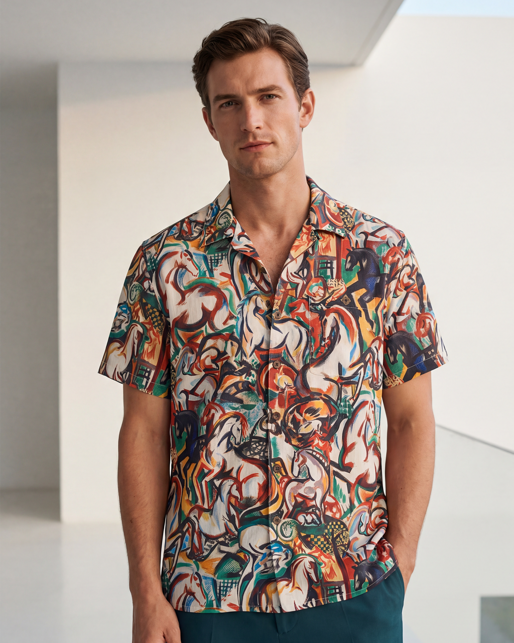 Men's Hawaiian Shirt Short Sleeve Camp Collar 100% Cotton Brown Aloha Stampede Artwear Year of the Horse 2026