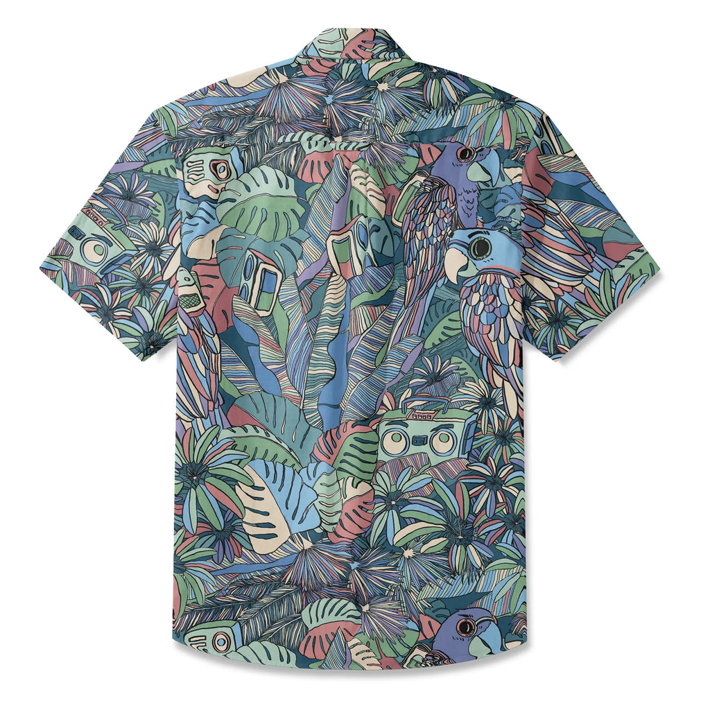 LeosWare® Men's Hawaiian Shirt Short Sleeve Button-up 100% Cotton Blue Aloha Parrot In The Enchanted Forest