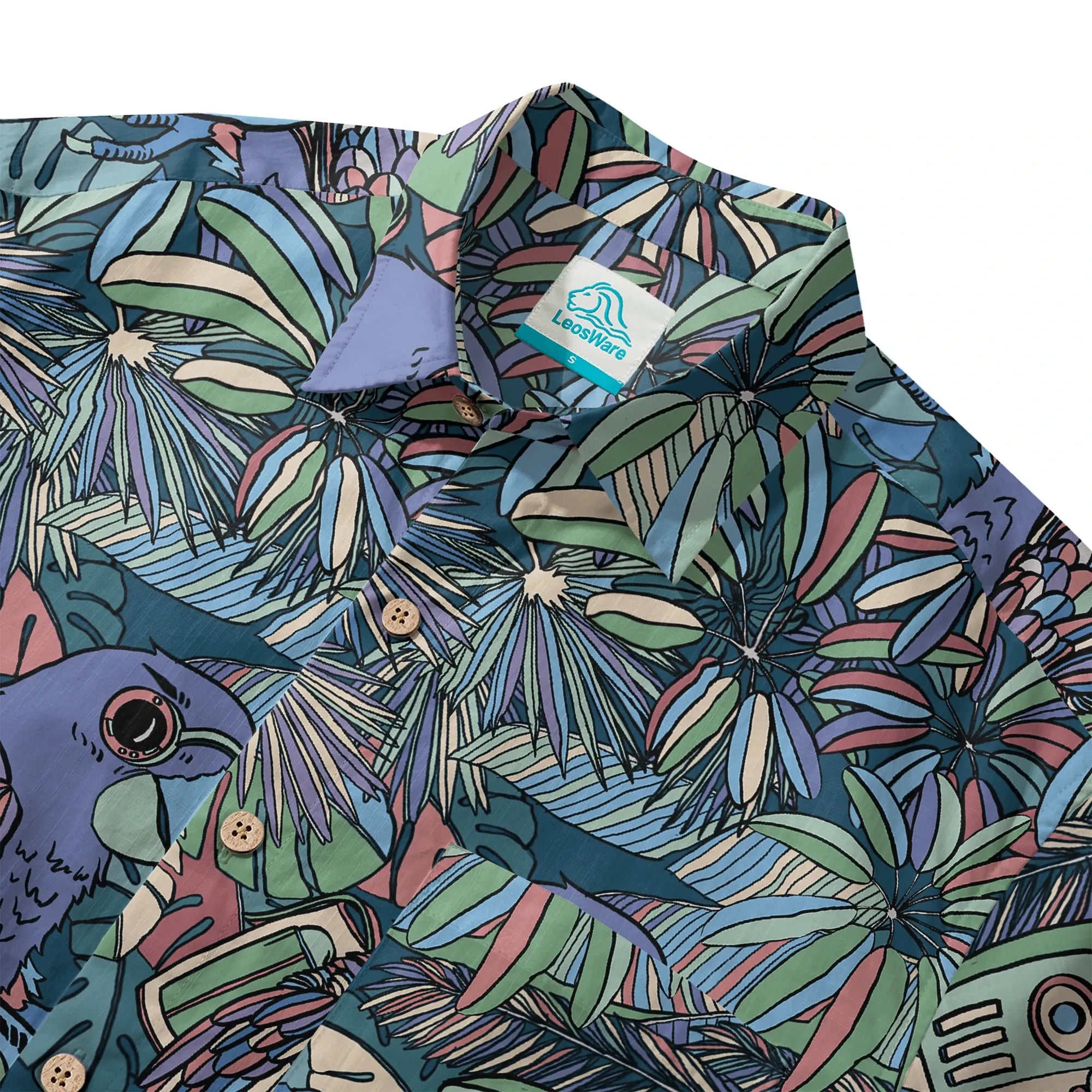 LeosWare® Men's Hawaiian Shirt Short Sleeve Button-up 100% Cotton Blue Aloha Parrot In The Enchanted Forest