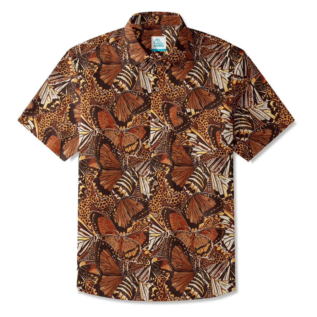 LeosWare® Men's Hawaiian Shirt Short Sleeve Button-up 100% Cotton Brown Aloha Butterfly Haven