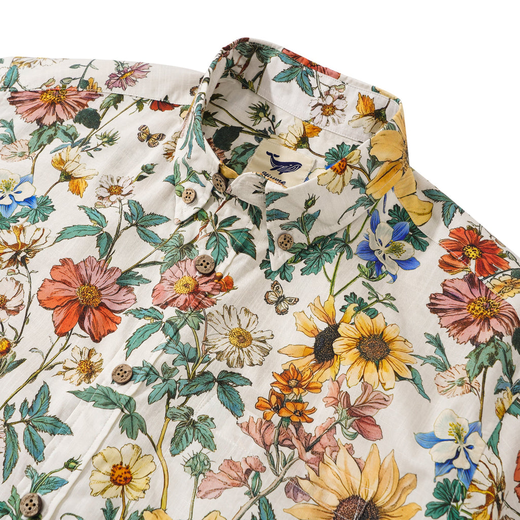 Men's Hawaiian Shirt Short Sleeve Button-down 100% Cotton Beige Aloha Floral Reverie