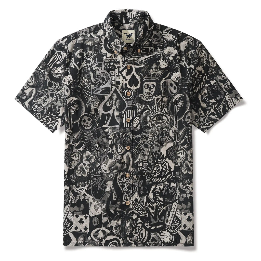 Men's Hawaiian Shirt Short Sleeve Button-down 100% Cotton Black Aloha Dark Poker Graffiti