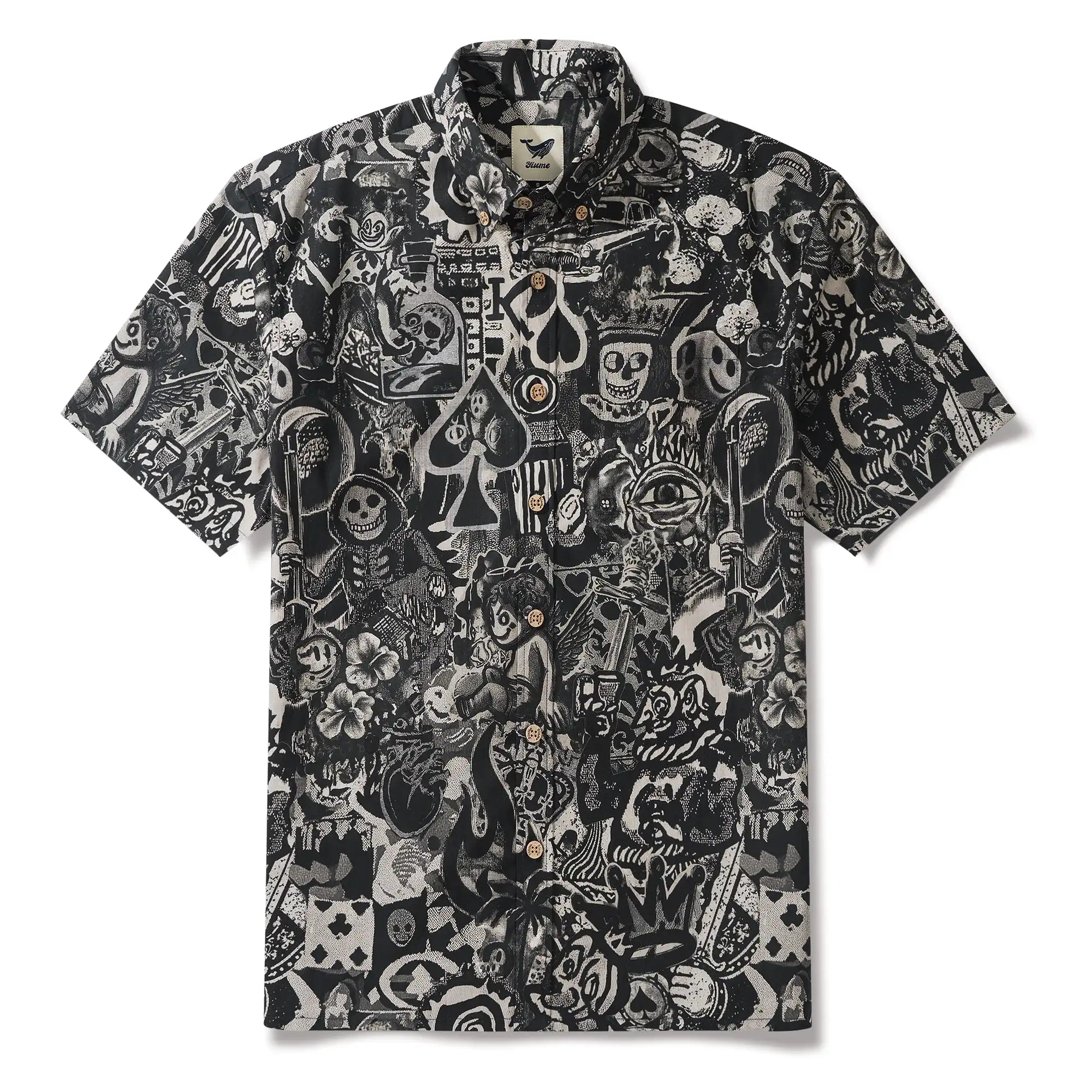 Men's Hawaiian Shirt Short Sleeve Button-down 100% Cotton Black Aloha Dark Poker Graffiti