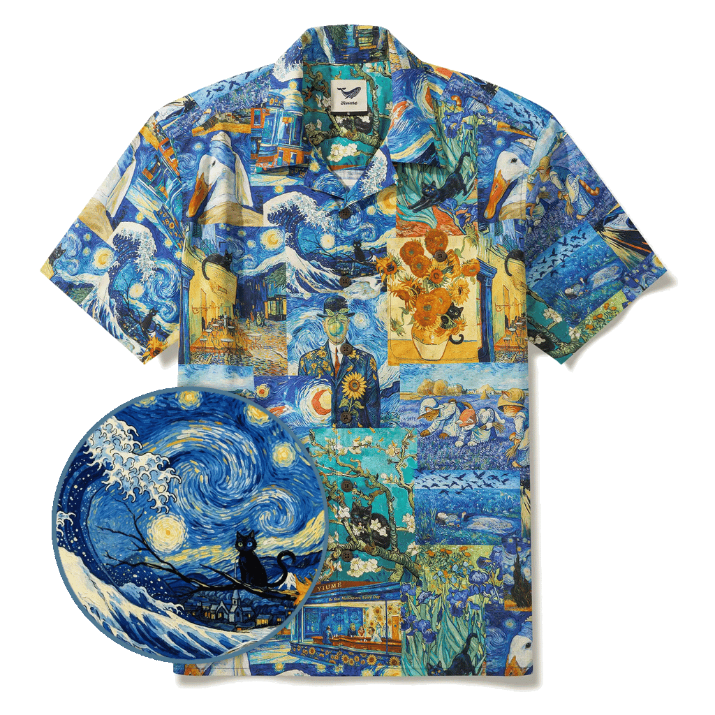 Men's Hawaiian Shirt Short Sleeve Camp Collar 100% Cotton Blue Aloha Starry Night Cat Fantasy