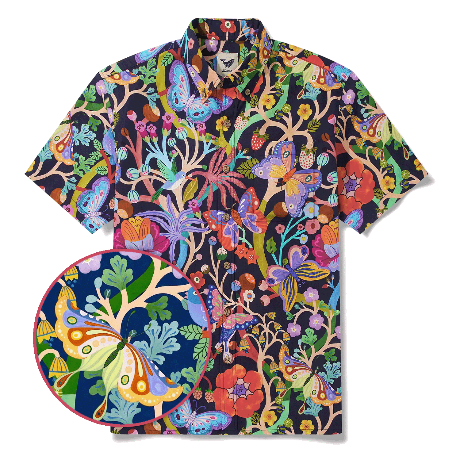 Men's Hawaiian Shirt Short Sleeve Button-down 100% Cotton Blue Aloha Dusk Butterfly Dance