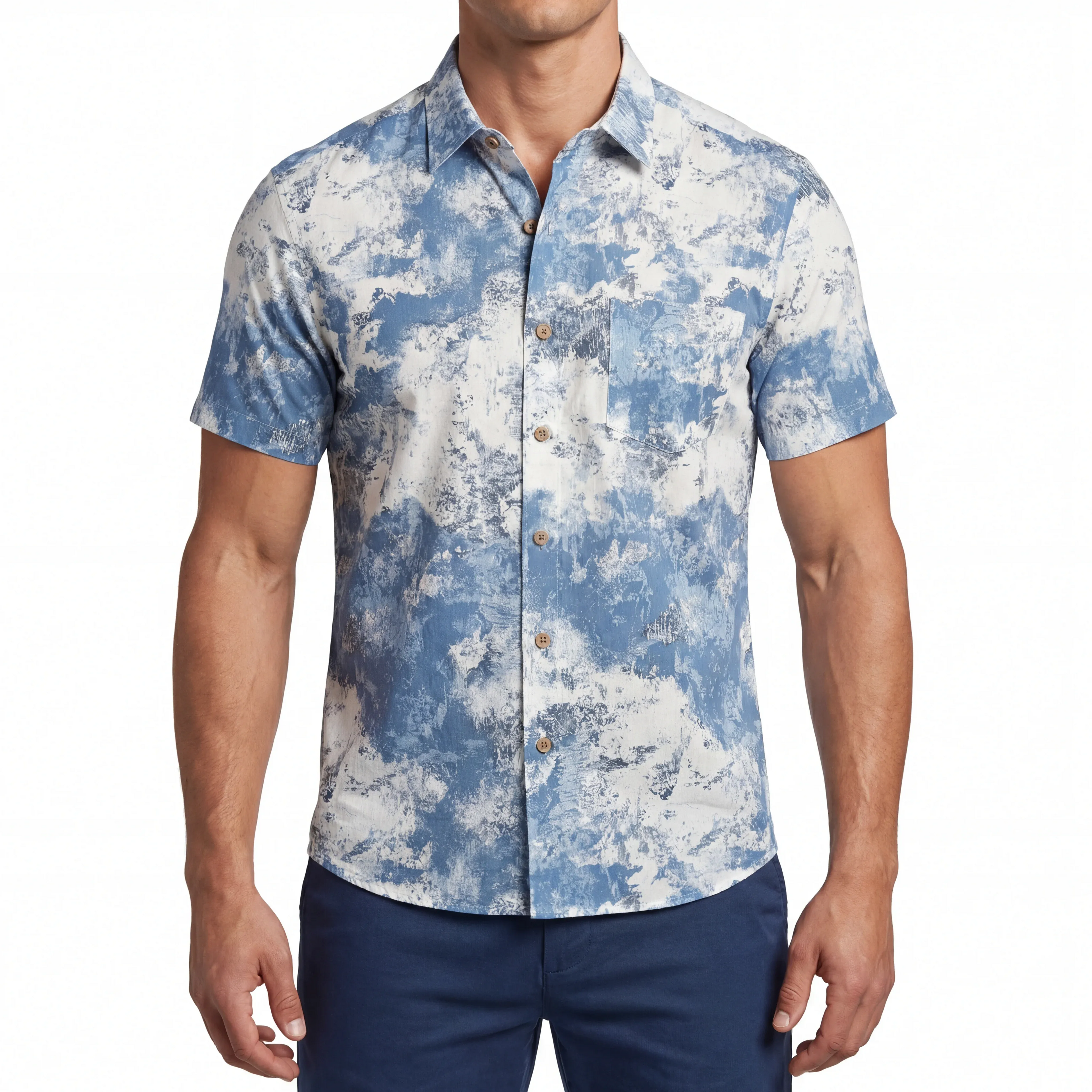 LeosWare® Men's Hawaiian Shirt Short Sleeve Button-up 100% Cotton Blue Aloha Blue And White Abstract Dream