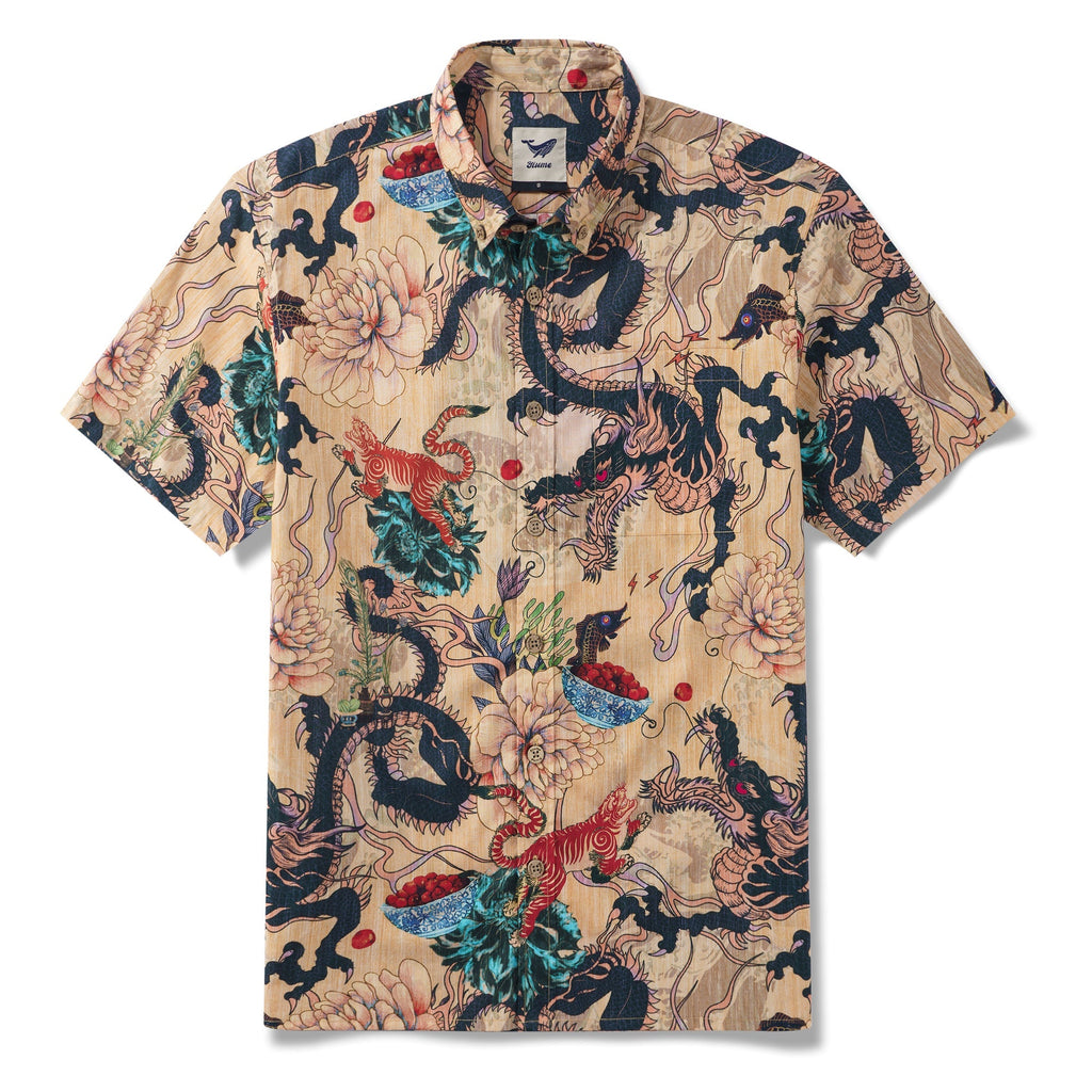 Dragon Shirt 100% Cotton Hawaiian Shirt Men's Short Sleeve Button-down Shirt Aloha Shirt Dragon Dance And Cherry Blossoms