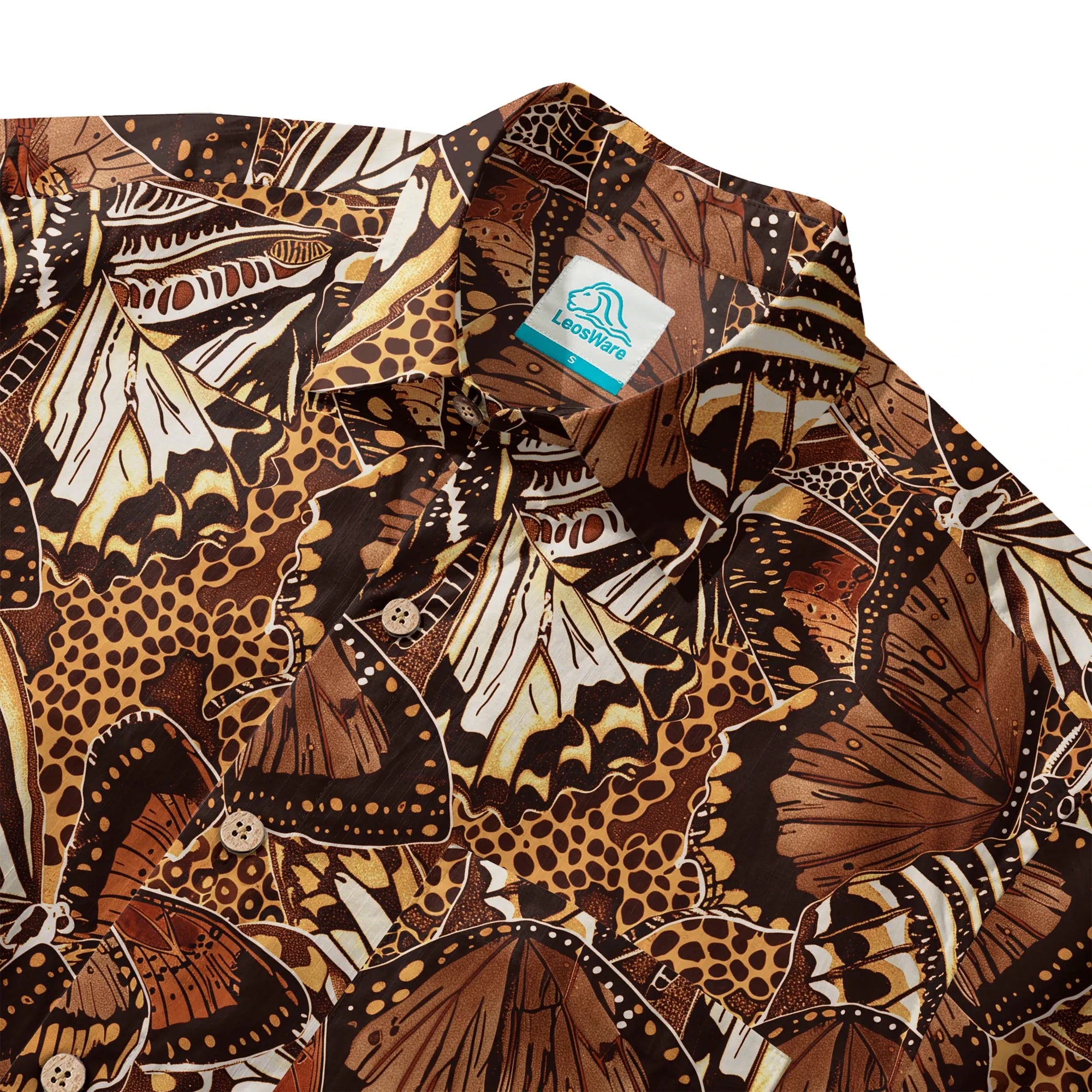 LeosWare® Men's Hawaiian Shirt Short Sleeve Button-up 100% Cotton Brown Aloha Butterfly Haven