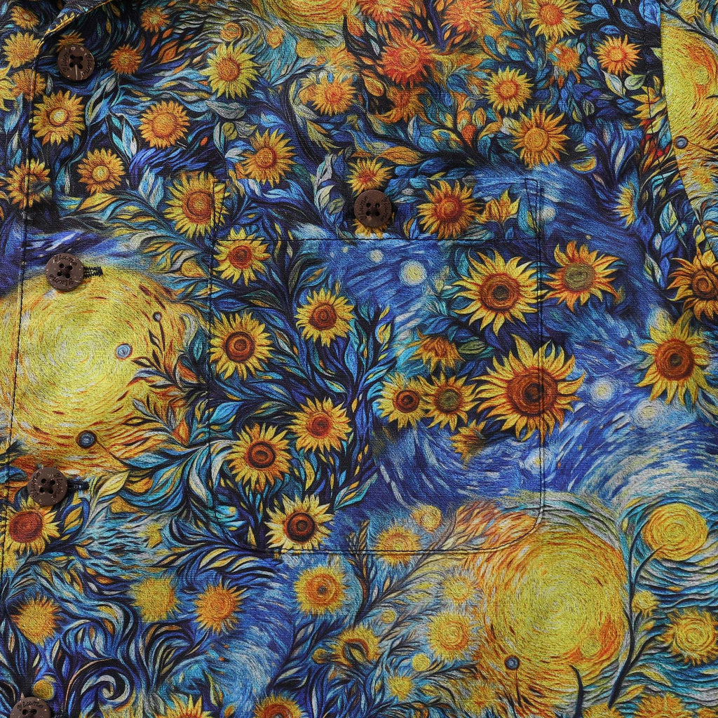 1960s Vintage Hawaiian Shirt For Men Van Gogh Sunflower Shirt 100% Cotton Camp Collar Shirt