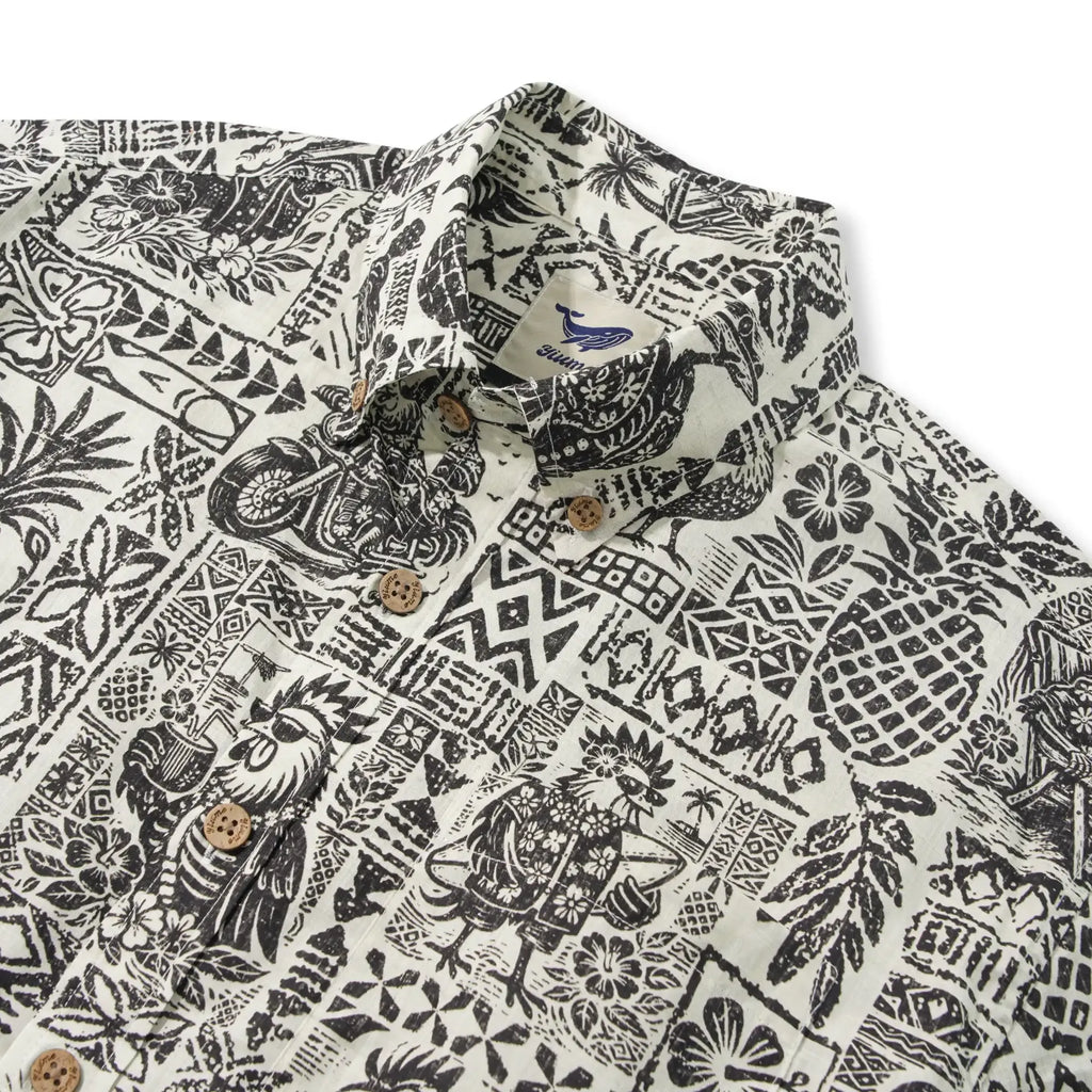 Men's Hawaiian Shirt Short Sleeve Button-down 100% Cotton Black Rooster Aloha The Bone Voyage