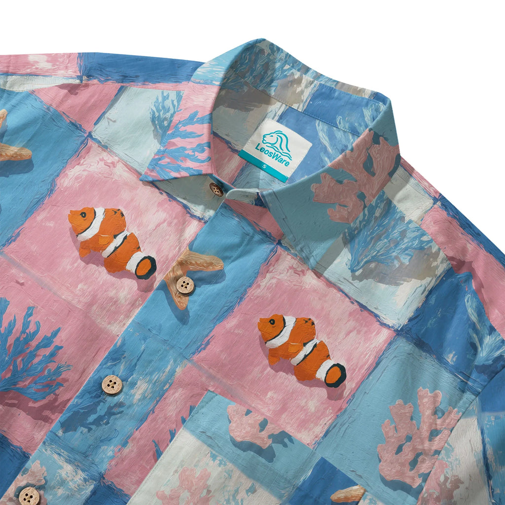 LeosWare® Plaid Men's Hawaiian Shirt Short Sleeve Button-up 100% Cotton Blue Aloha Oceanic Chessboard