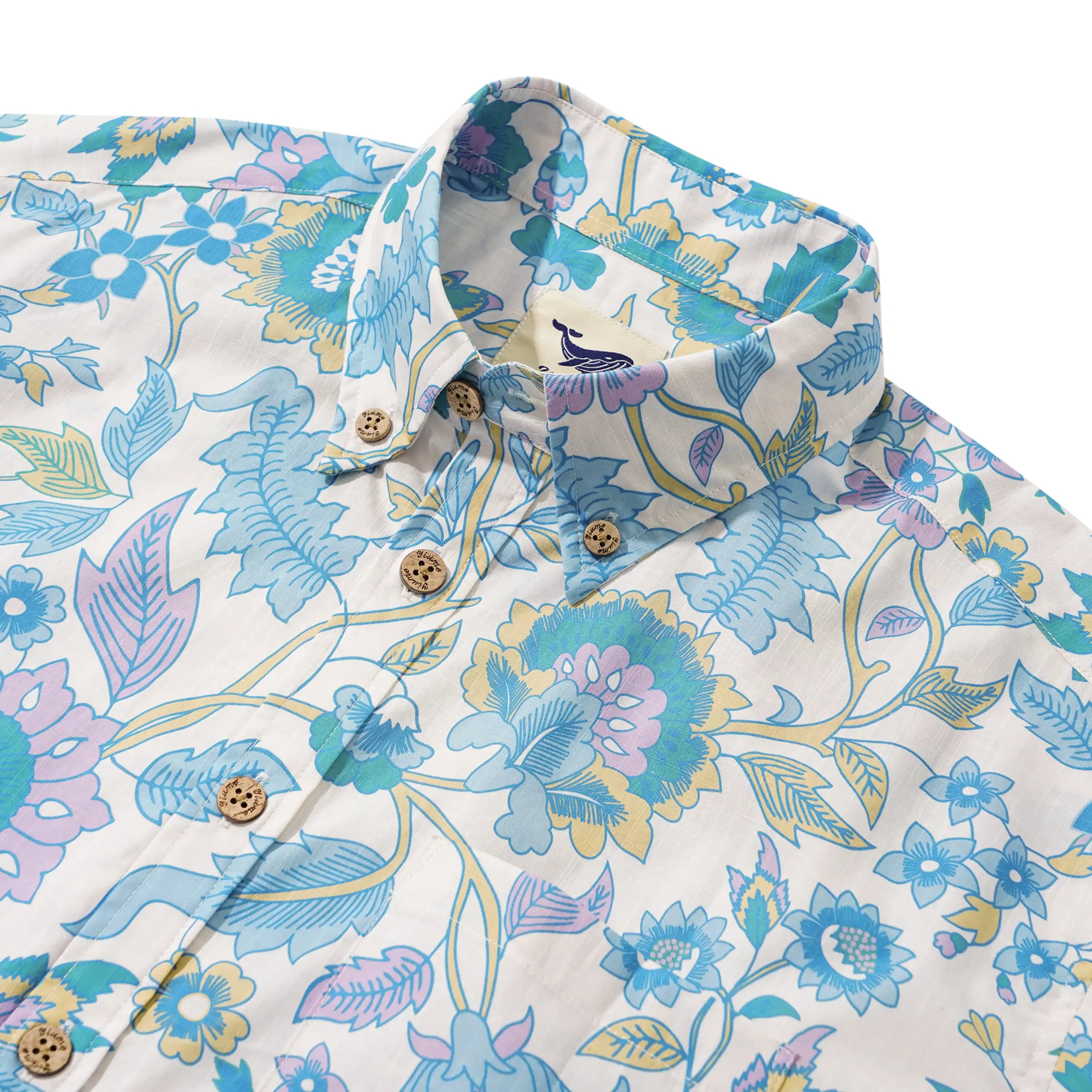 Men's Hawaiian Shirt Short Sleeve Button-down 100% Cotton Blue Aloha Farmhouse Italian Florals By Aqua Bubble