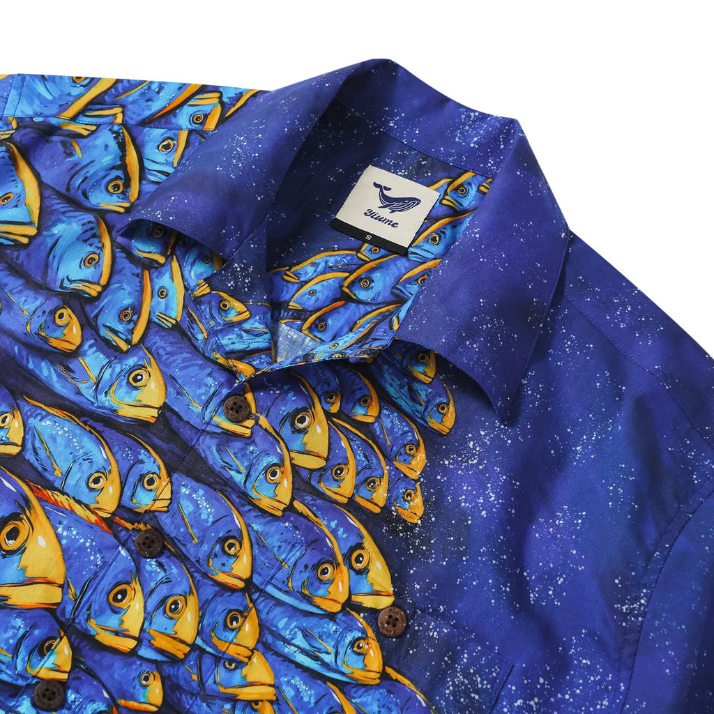 Men's Hawaiian Shirt Short Sleeve Camp Collar 100% Cotton Blue Aloha Ocean Fish Symphony