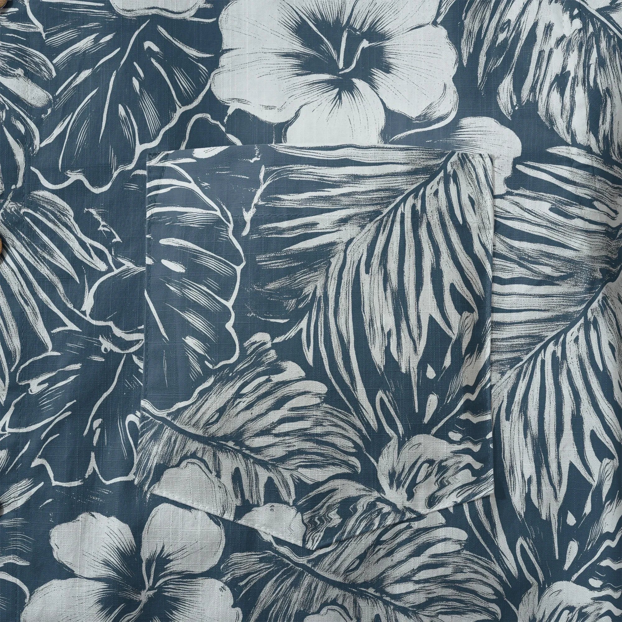 LeosWare® Hibiscus Flower Men's Hawaiian Shirt Short Sleeve Button-up 100% Cotton Blue Aloha Blue Ink Flower Shadows