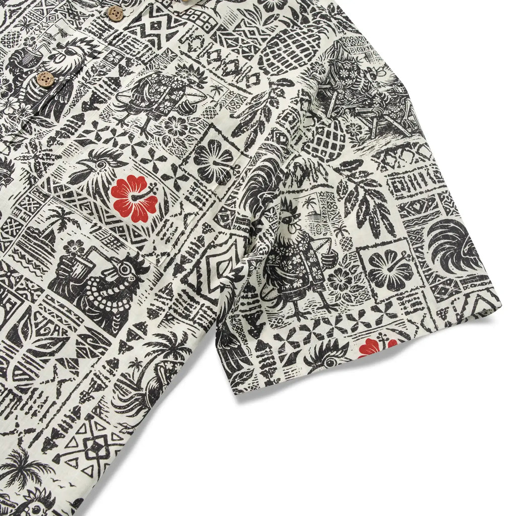 Men's Hawaiian Shirt Short Sleeve Button-down 100% Cotton Black Rooster Aloha The Bone Voyage