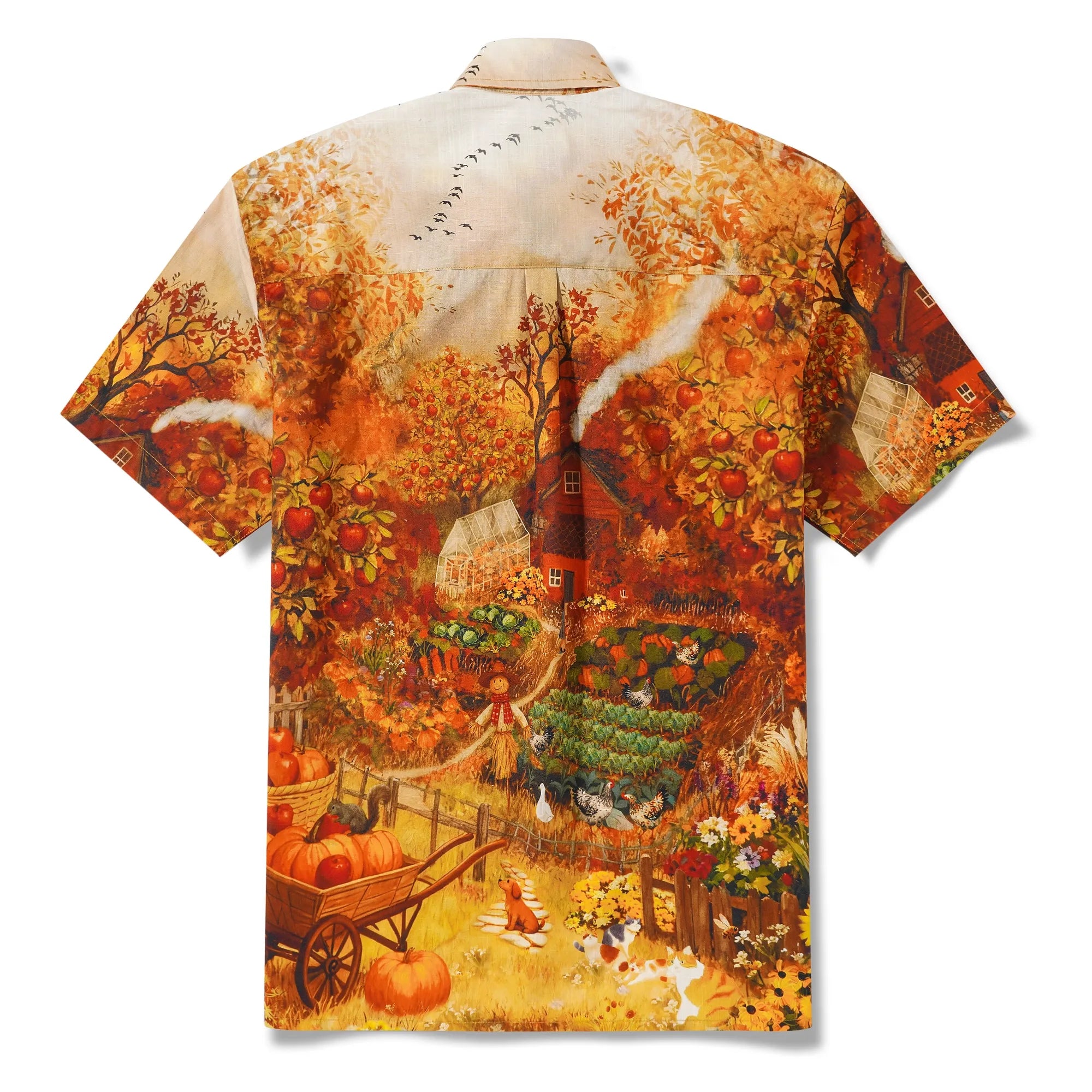 Men's Hawaiian Shirt Short Sleeve Button-down 100% Cotton Yellow Aloha Autumn Countryside Charms Fall Apple Cat Dog Countryside Yard Harvest