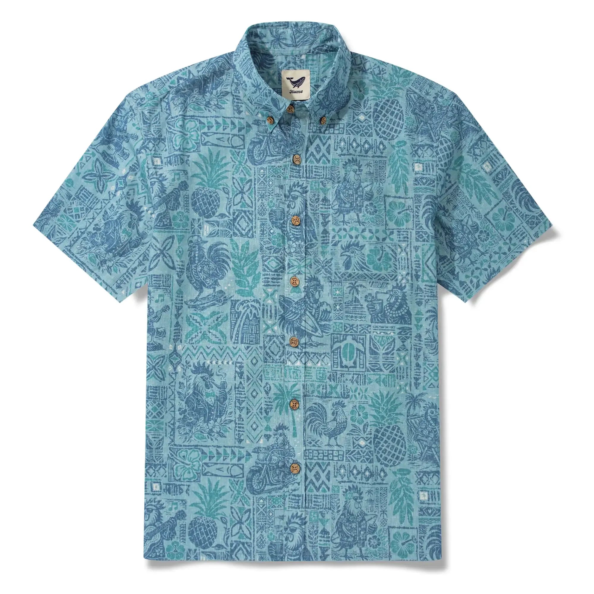 Men's Hawaiian Shirt Short Sleeve Button-down 100% Cotton Blue Rooster Aloha The Bone Voyage