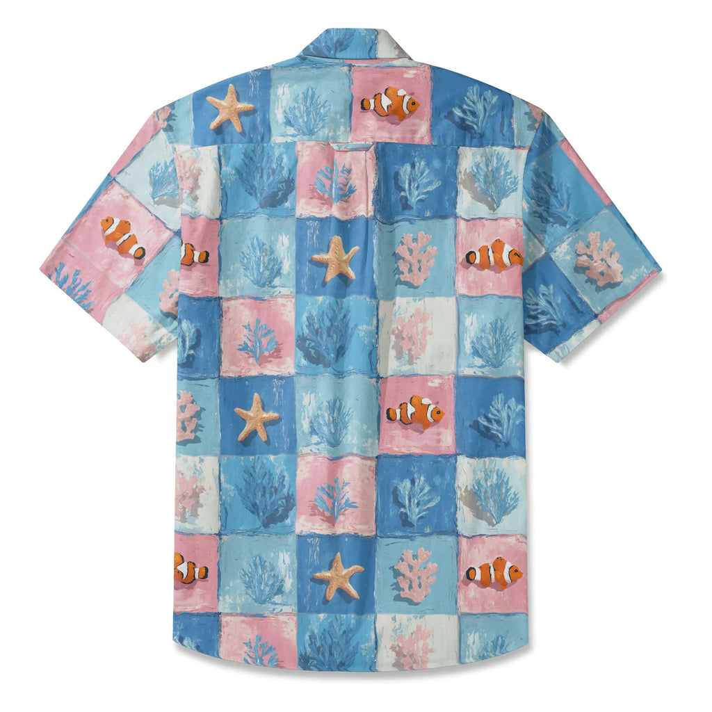 LeosWare® Plaid Men's Hawaiian Shirt Short Sleeve Button-up 100% Cotton Blue Aloha Oceanic Chessboard