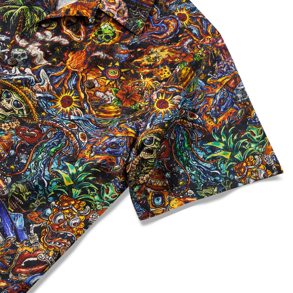Men's Hawaiian Shirt Short Sleeve Camp Collar 100% Cotton Red Aloha Intergalactic Luau Graffiti