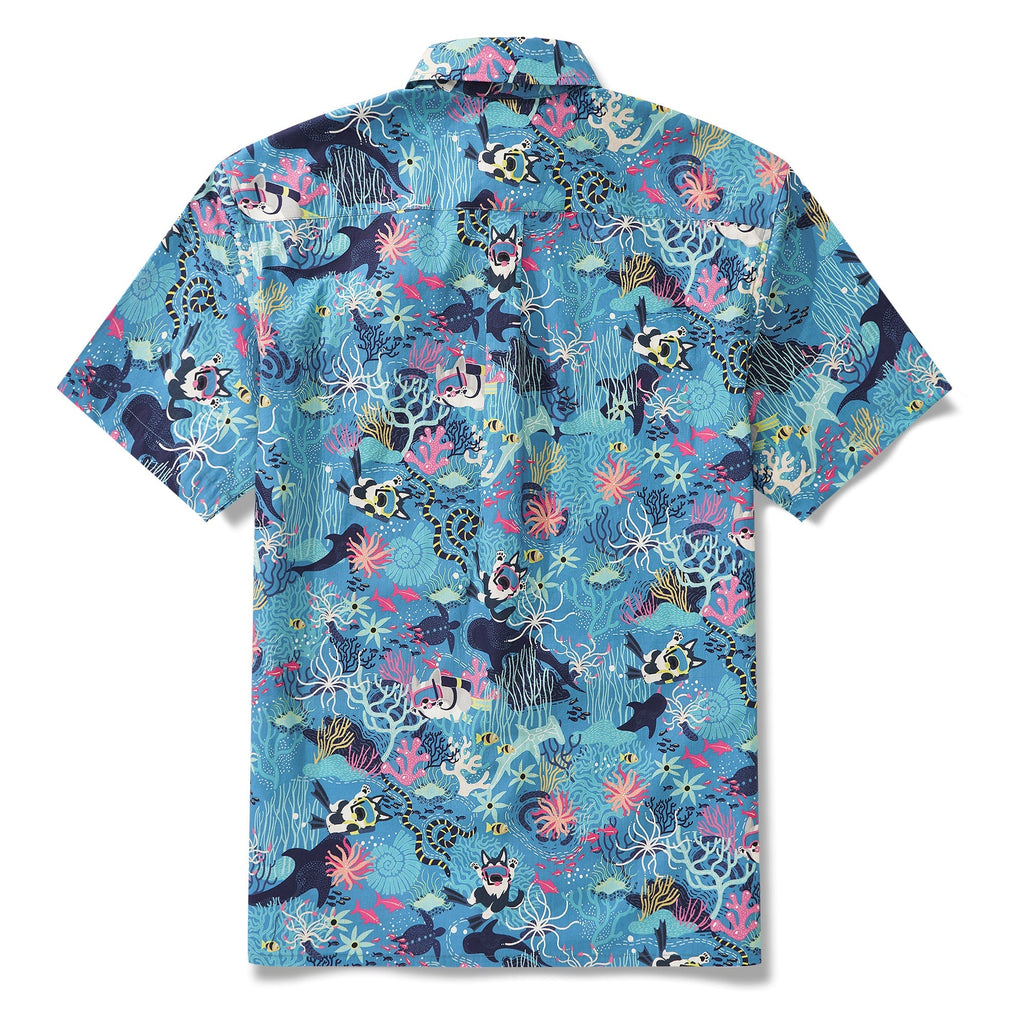 Men's Blue Hawaiian Shirt Fish & Turtle Shirt Short Sleeve Button-down 100% Cotton Blue Aloha Dive Pup