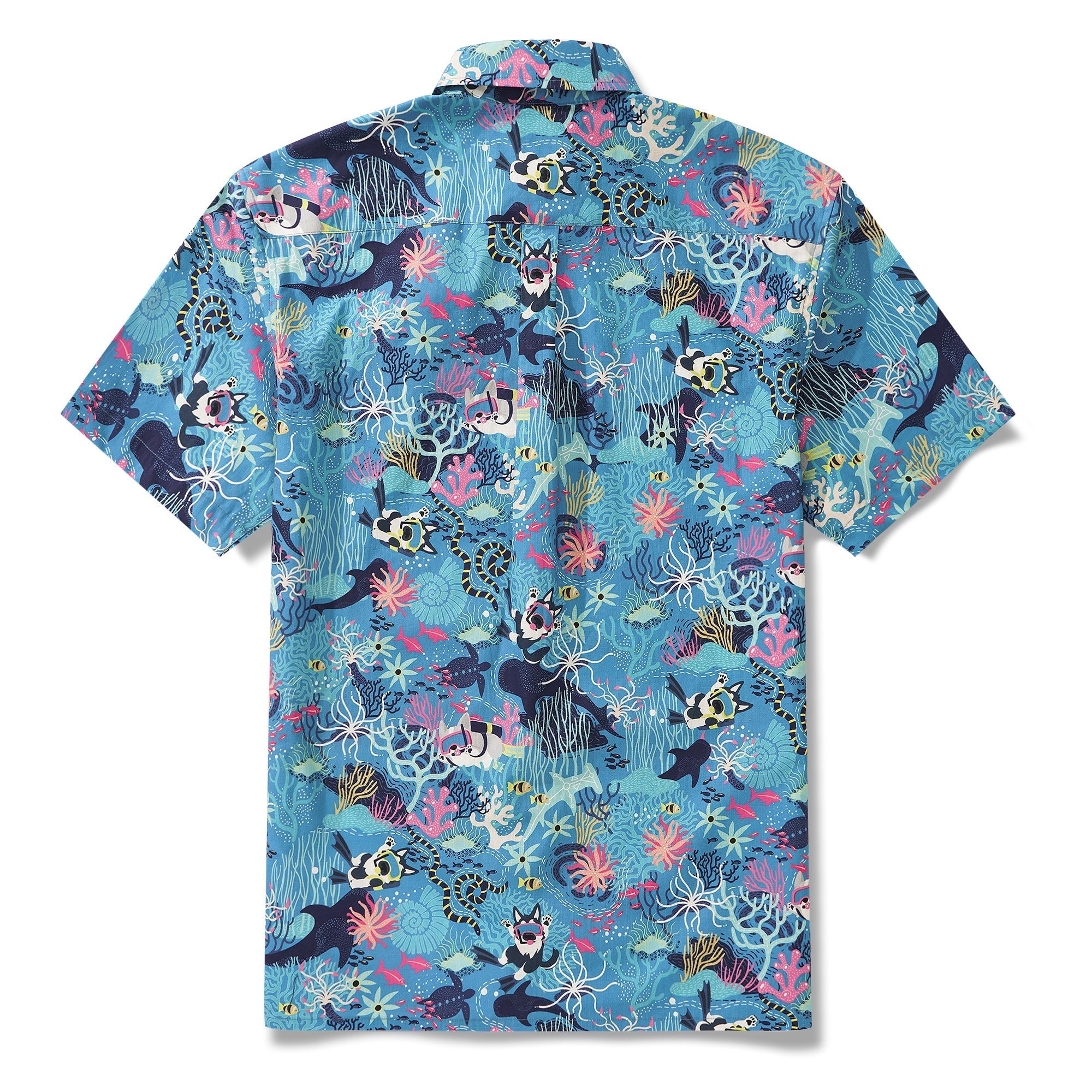 Men's Blue Hawaiian Shirt Fish & Turtle Shirt Short Sleeve Button-down 100% Cotton Blue Aloha Dive Pup