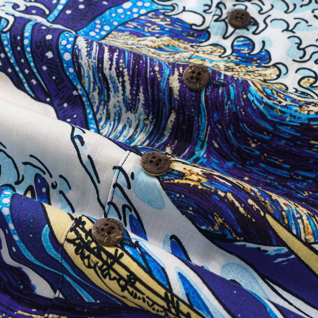Yiume Great Wave Shirt For Men 100% Cotton Short Sleeve Camp Collar Shirt Blue Hawaiian Shirt Ocean Waves And Starlit Nights
