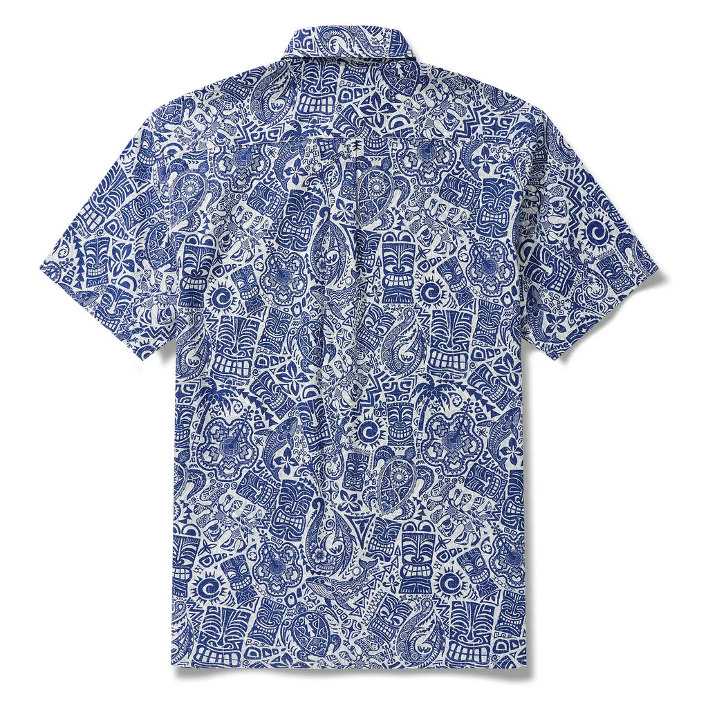 Men's Hawaiian Shirt Short Sleeve Button-down 100% Cotton Blue Aloha Tiki Retro Totem