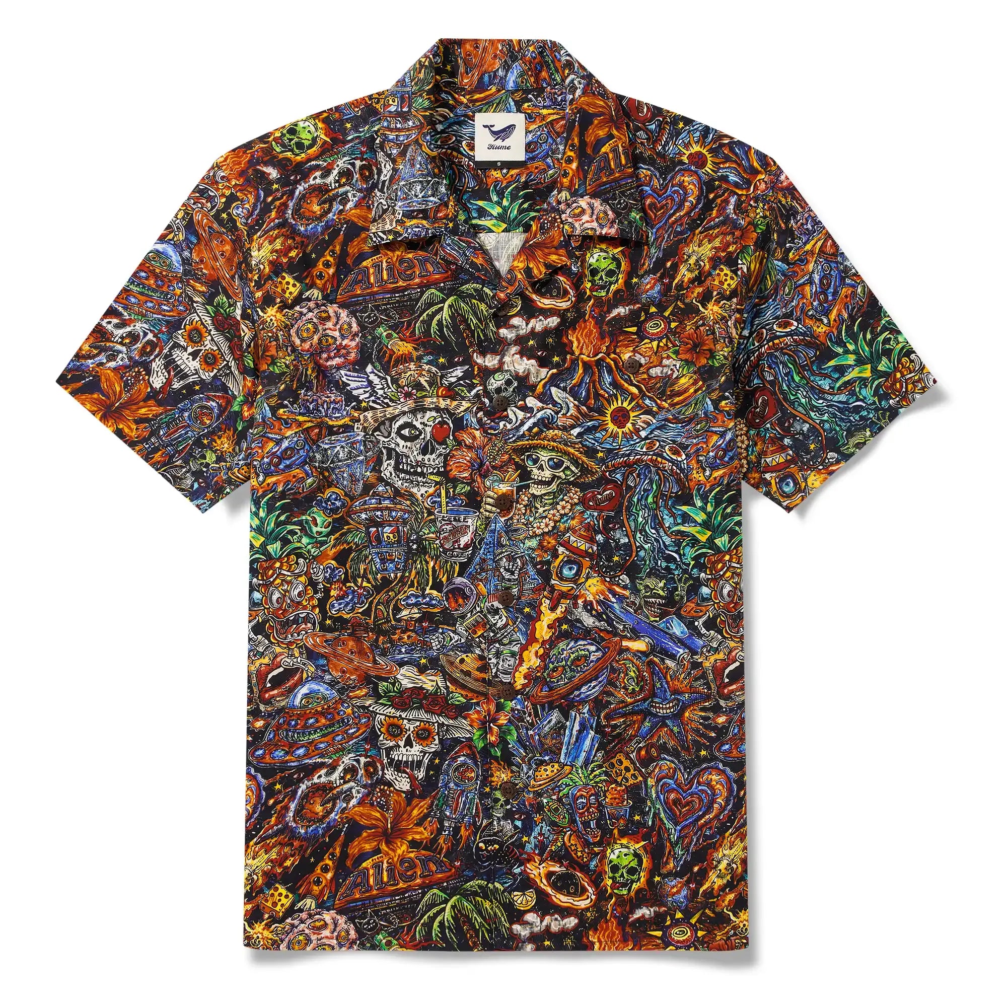 Men's Hawaiian Shirt Short Sleeve Camp Collar 100% Cotton Red Aloha Intergalactic Luau Graffiti