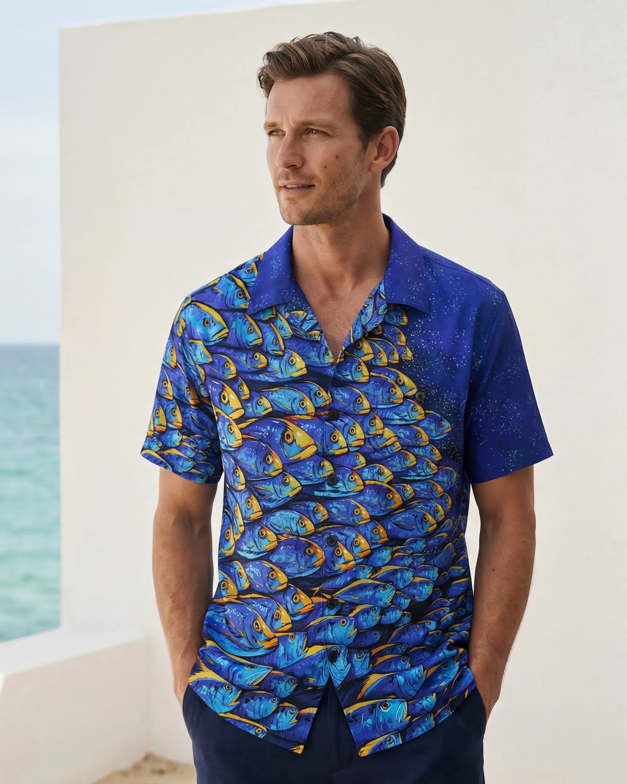 Men's Hawaiian Shirt Short Sleeve Camp Collar 100% Cotton Blue Aloha Ocean Fish Symphony