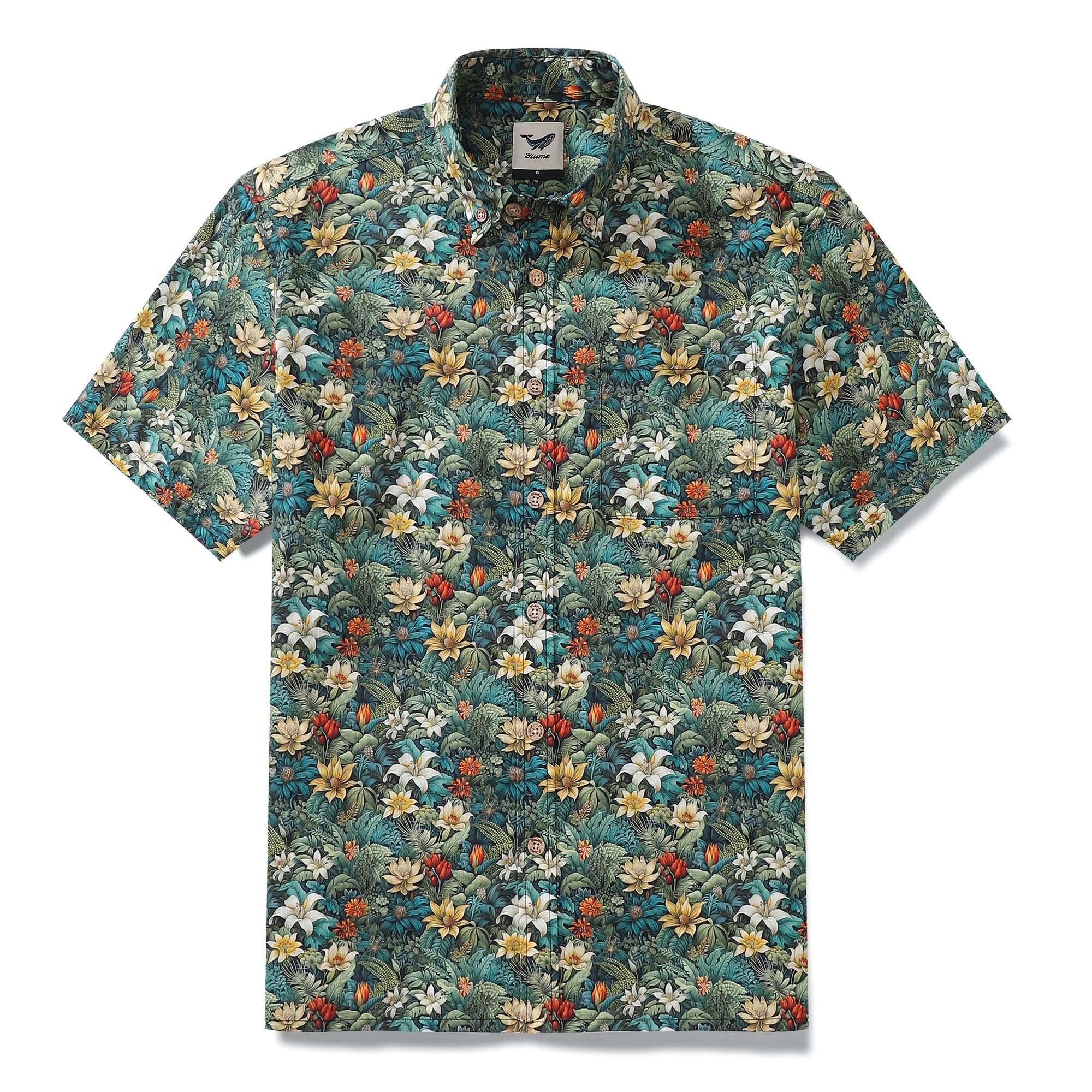 Men's Tropical Hawaiian Shirt Green Cotton Button-down Short Sleeve Aloha Shirt Jungle Adventure