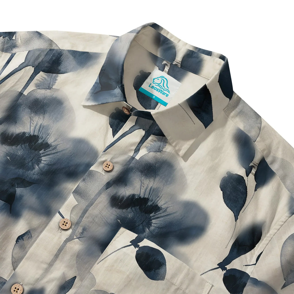 LeosWare® Men's Hawaiian Shirt Short Sleeve Button-up 100% Cotton Blue Aloha Blue And White Ink Charm