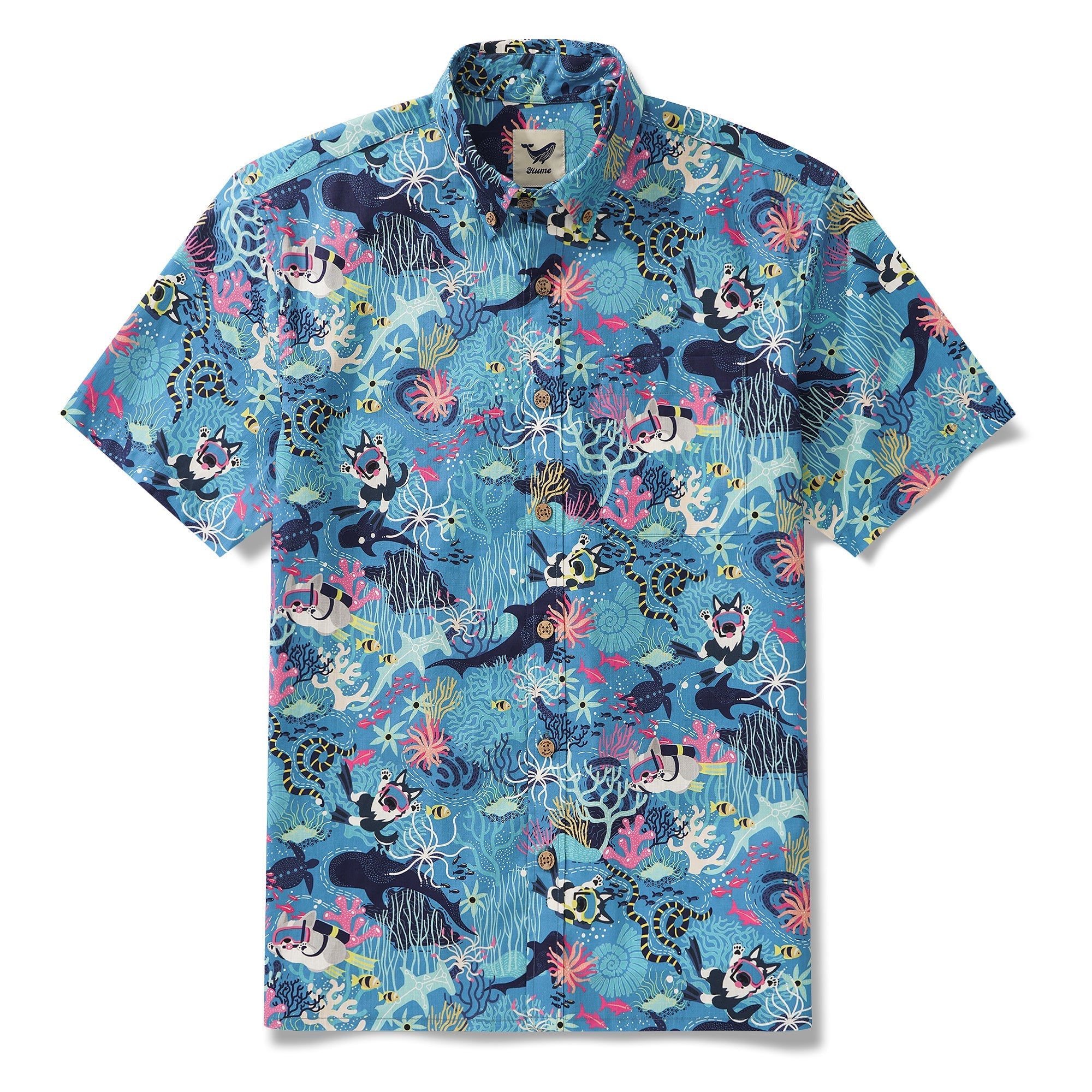 Men's Blue Hawaiian Shirt Fish & Turtle Shirt Short Sleeve Button-down 100% Cotton Blue Aloha Dive Pup