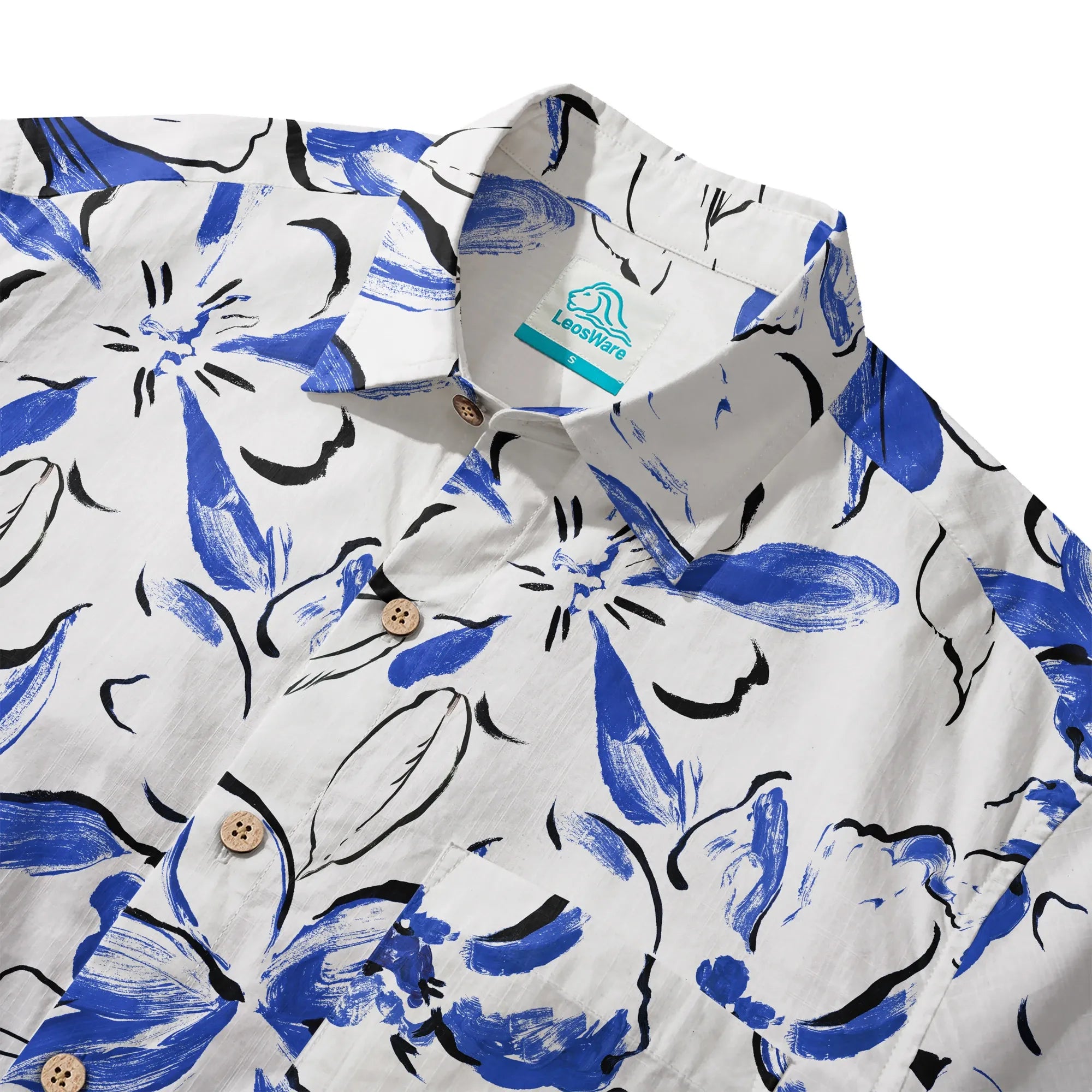 LeosWare® Men's Hawaiian Shirt Short Sleeve Button-up 100% Cotton Blue Aloha Indigo Blossoms Brushstroke