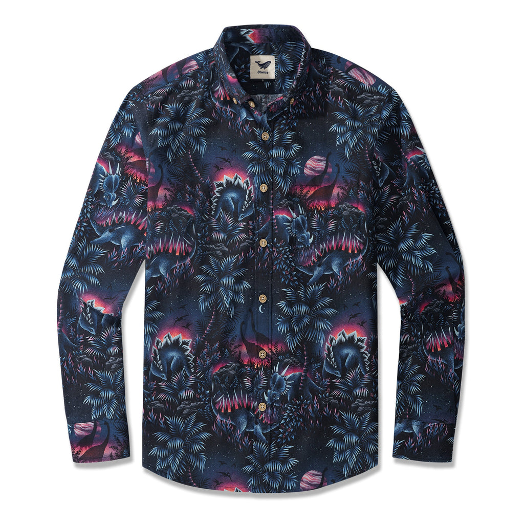 Men's Hawaiian Shirt Dinosaur Lagoon By Andrea Muller Cotton Button-down Long Sleeve Aloha Shirt