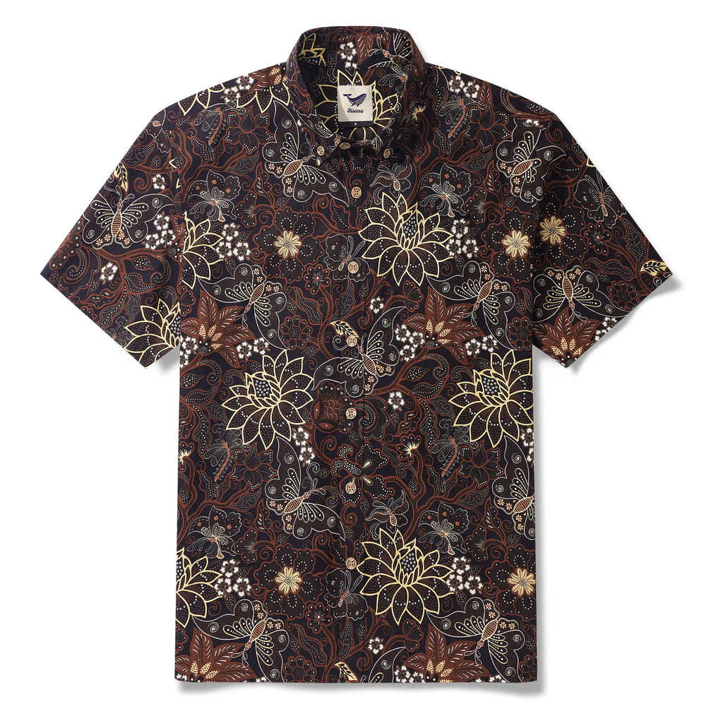 Men's Hawaiian Shirt Short Sleeve Button-down 100% Cotton Yellow Aloha Enchanting Blooms And Butterflies